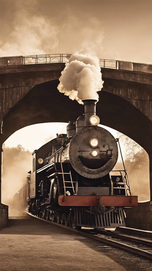 Vintage zdjęcie w kolorze sepii przedstawiające starą lokomotywę parową wydmuchującą dym podczas przechodzenia przez łukowy kamienny most o świcie.