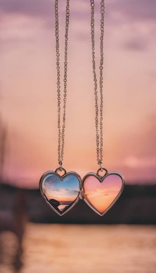 A pair of half heart friendship necklaces in the middle of being connected, with a pastel sunset landscape in the background.