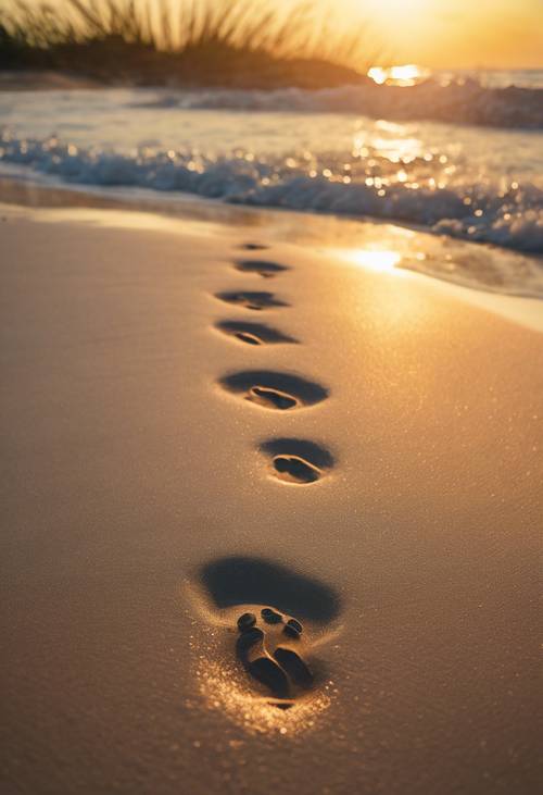 濕沙上的腳印通往熱帶海灘上令人驚嘆的日落。