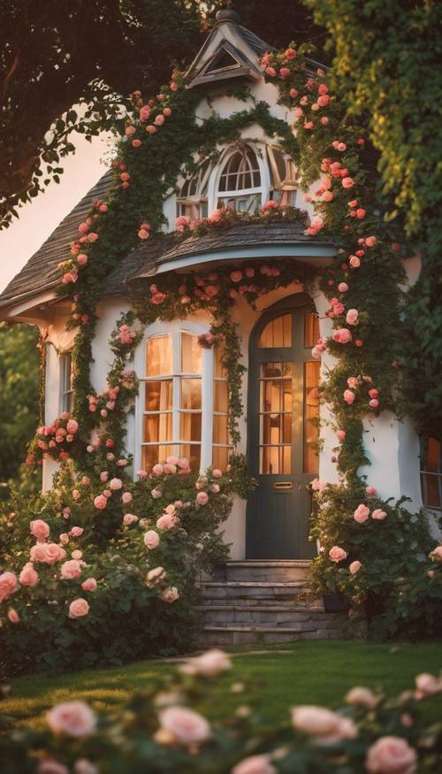 Una cabaña caprichosa rodeada de rosas y hiedra bajo el suave resplandor de un cálido sol poniente.