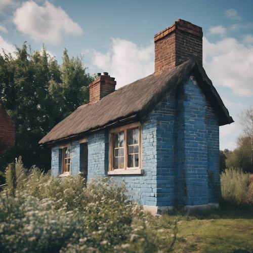 Rustykalny komin z niebieskiej cegły przymocowany do XIX-wiecznej chaty.