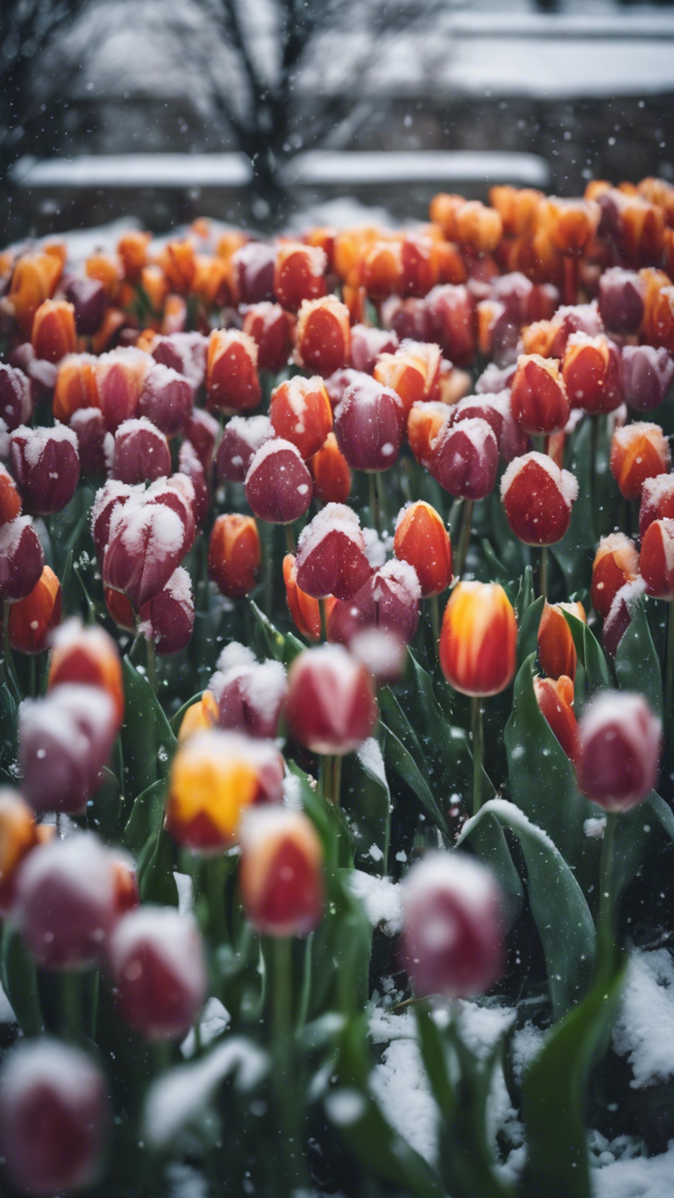 A patch of colorful tulips partially covered by a late spring snowfall.壁紙[bcf7f5ed51ad49e88f7f]
