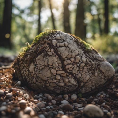 A pebble caught in the roots of an ancient tree.