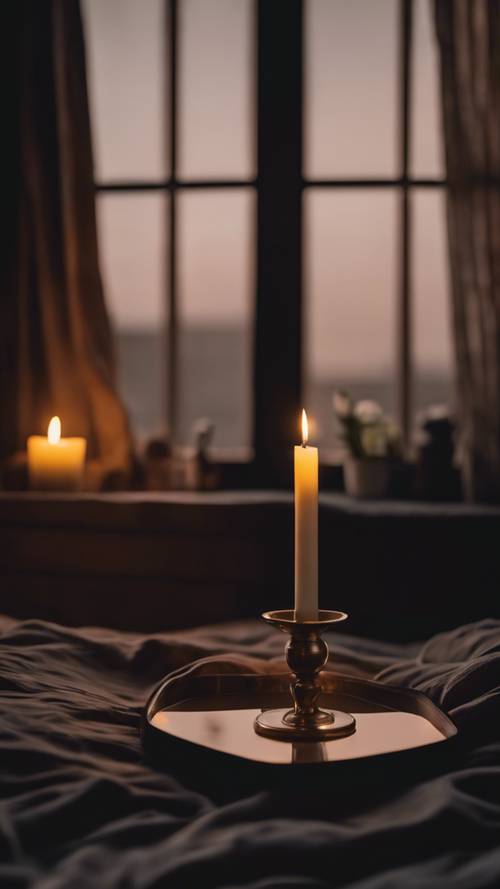 A dark minimalist bedroom in the evening with a single candle illuminating the space.