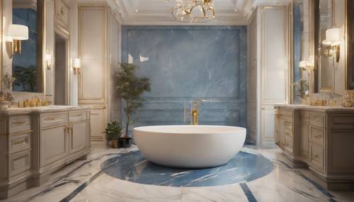 Un lujoso baño de alta gama con temática beige y azul, suelos de mármol y accesorios de latón.