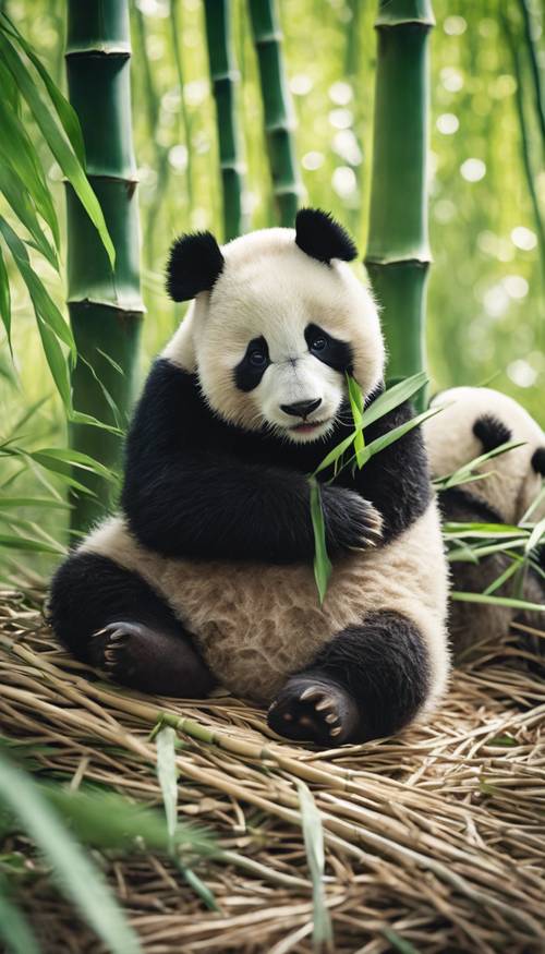 An adorable baby panda bear cuddling its mother in a lush green bamboo forest.