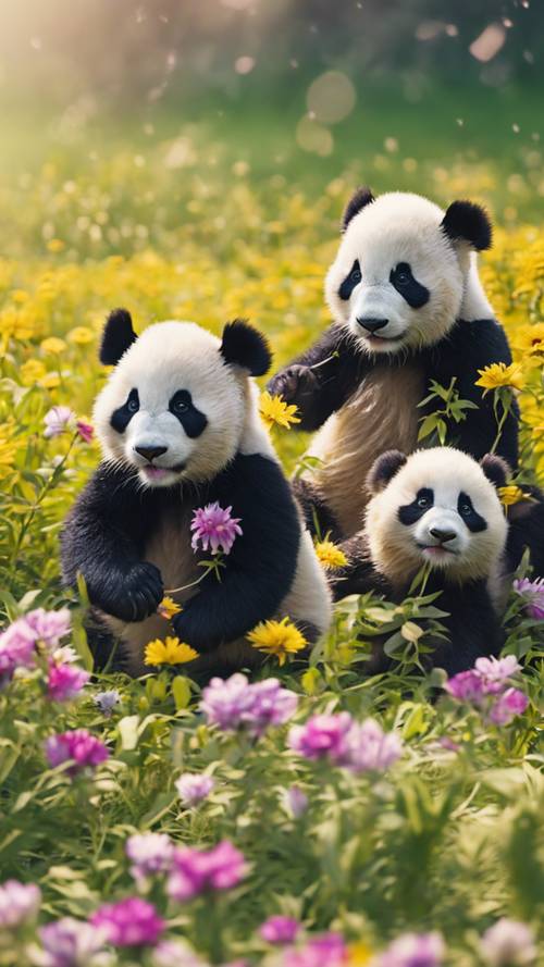A group of lively panda cubs merrily playing tag in a field full of bright spring flowers.