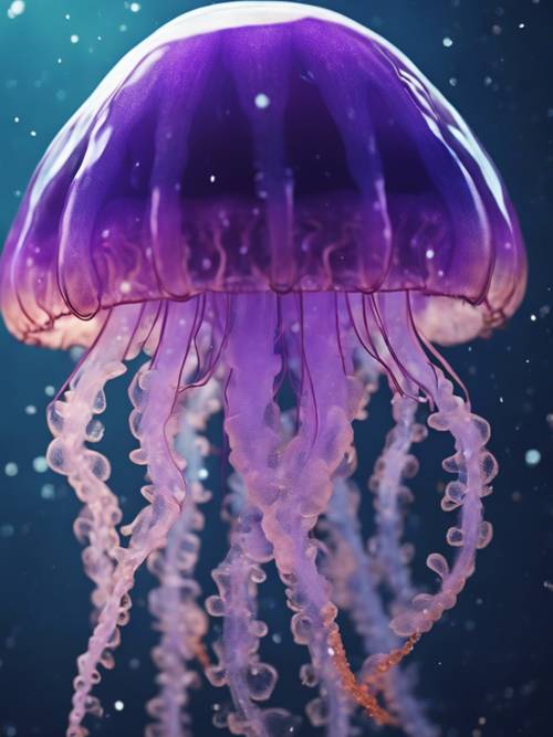 Meduza o kawaii twarzy i fioletowej poświacie unosząca się w głębokim morzu.