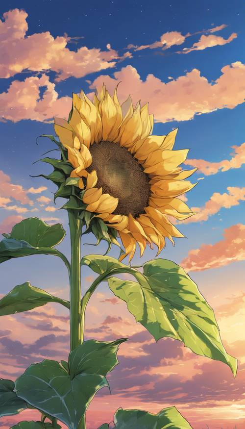 Einsame Sonnenblume, karikiert in der Ästhetik eines Anime, sonnt sich unter einem perfekten Sommerhimmel.