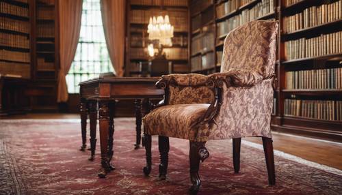 An antique damask chair cover upholstered on a mahogany chair in a 19th-century library.