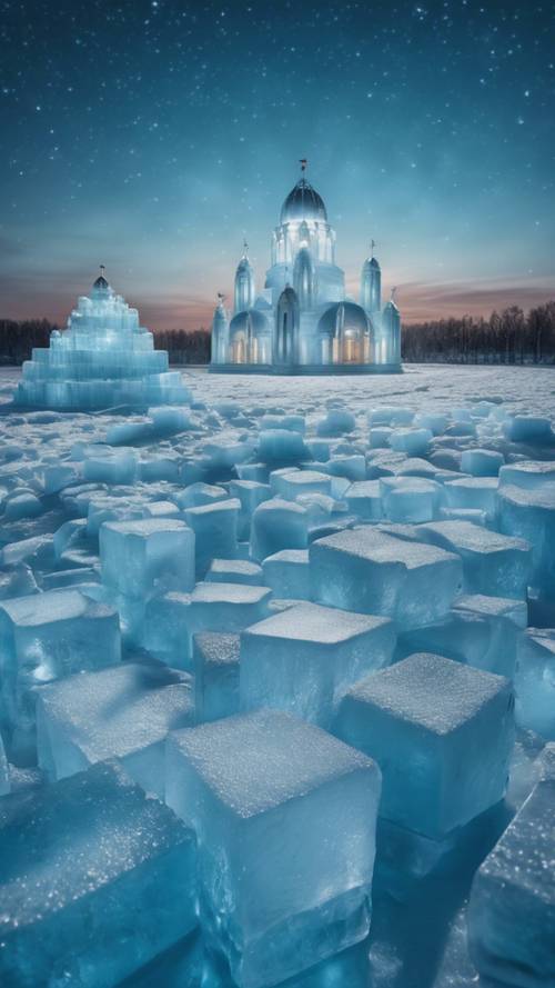 An ice palace brilliantly built with light blue ice blocks under a starry winter night sky.