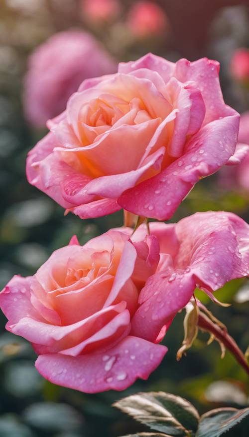 一朵充滿活力的粉紅色玫瑰在模糊的花園背景下盛開。
