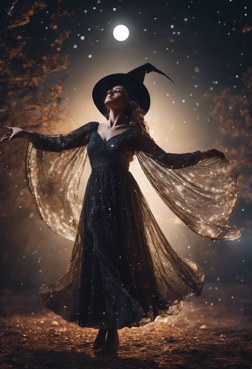 반짝이는 달 아래 즐겁게 춤추는 마녀, 그녀의 흐르는 듯한 드레스가 빛을 받아 반짝인다.