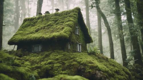 A quaint old forest house roof covered in thick, green moss.
