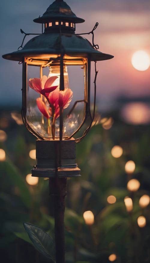 Uma flor tropical florescendo sozinha à luz de uma única lanterna ao entardecer.