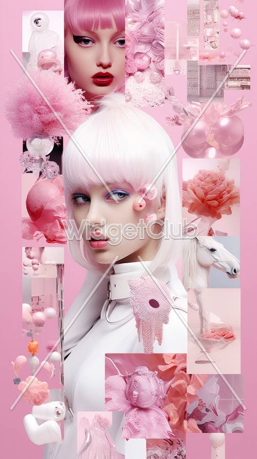 Rosa Fantasiethema mit Blumen und einem weißen Pferd