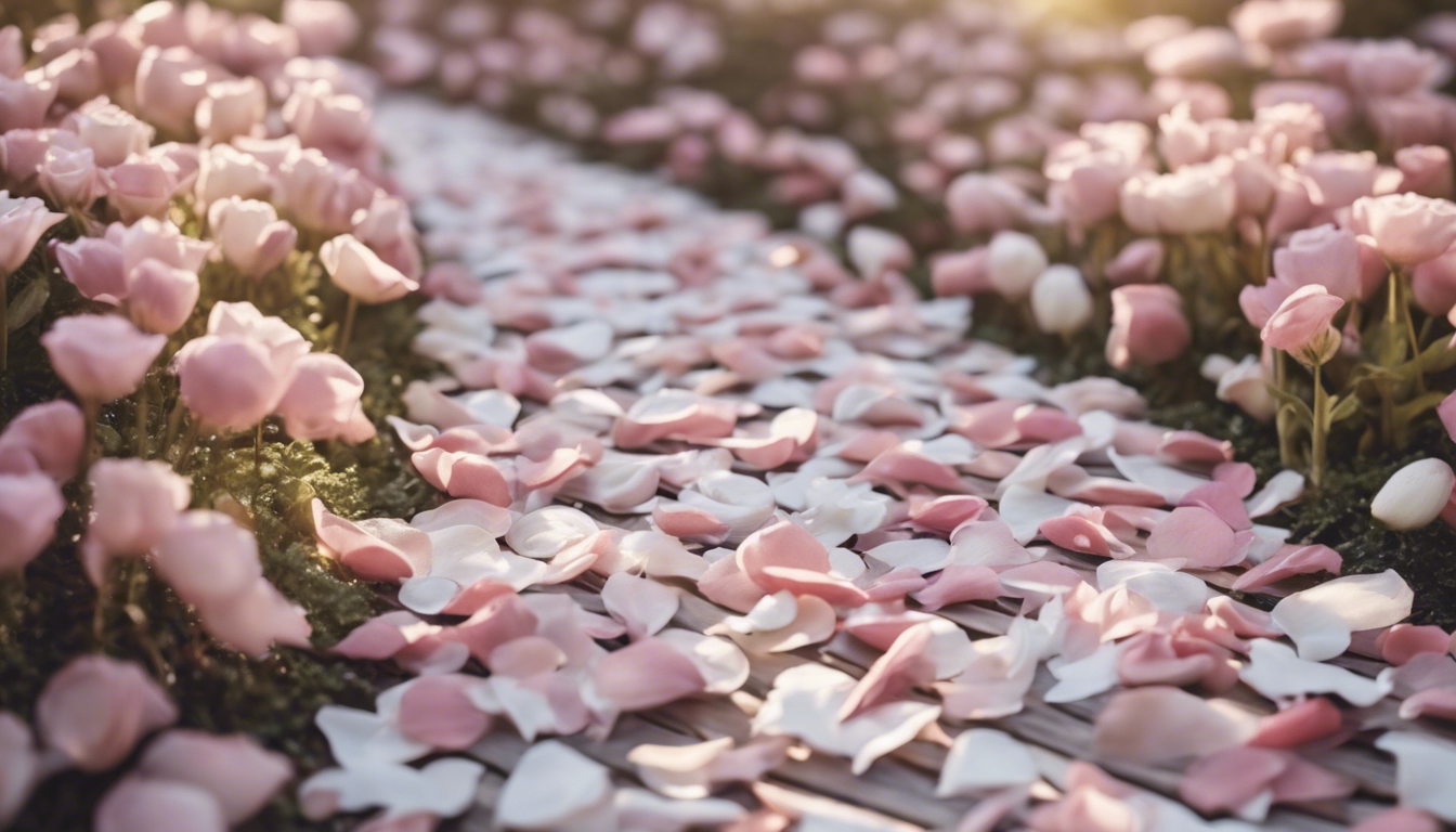 A herringbone pattern made of pale rose and white petals on a fairy garden path. Wallpaper[7d6b74f6ed424f31812e]