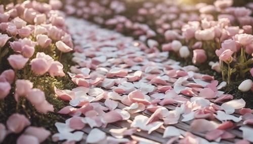 A herringbone pattern made of pale rose and white petals on a fairy garden path.