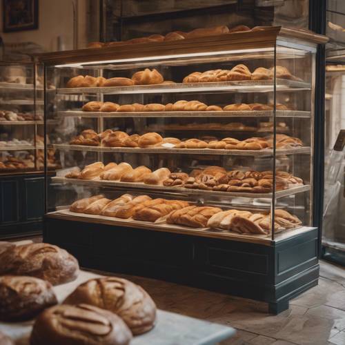Une boulangerie de campagne française traditionnelle avec une vitrine pleine de pain et de pâtisseries fraîchement sortis du four.