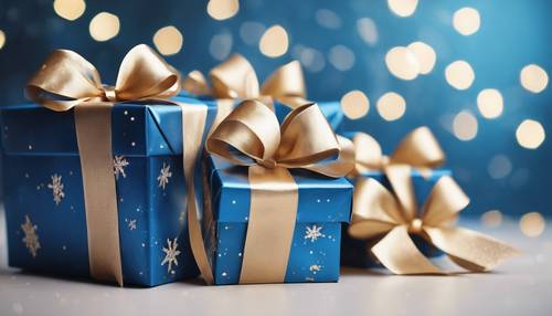 Decorative blue Christmas gift boxes with fancy bows