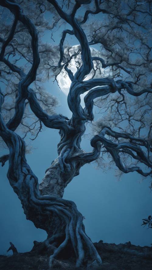 עץ כחול עתיק עם ענפים מתפתלים ומגיעים, שטוף באור הקריר והכסף של ירח מלא.
