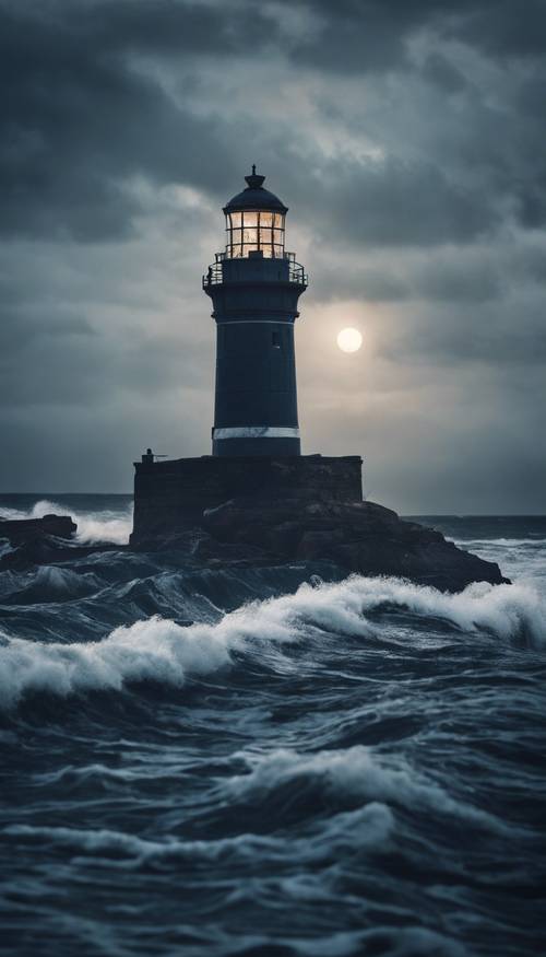 夜晚，深蓝色的海浪冲击着灯塔。