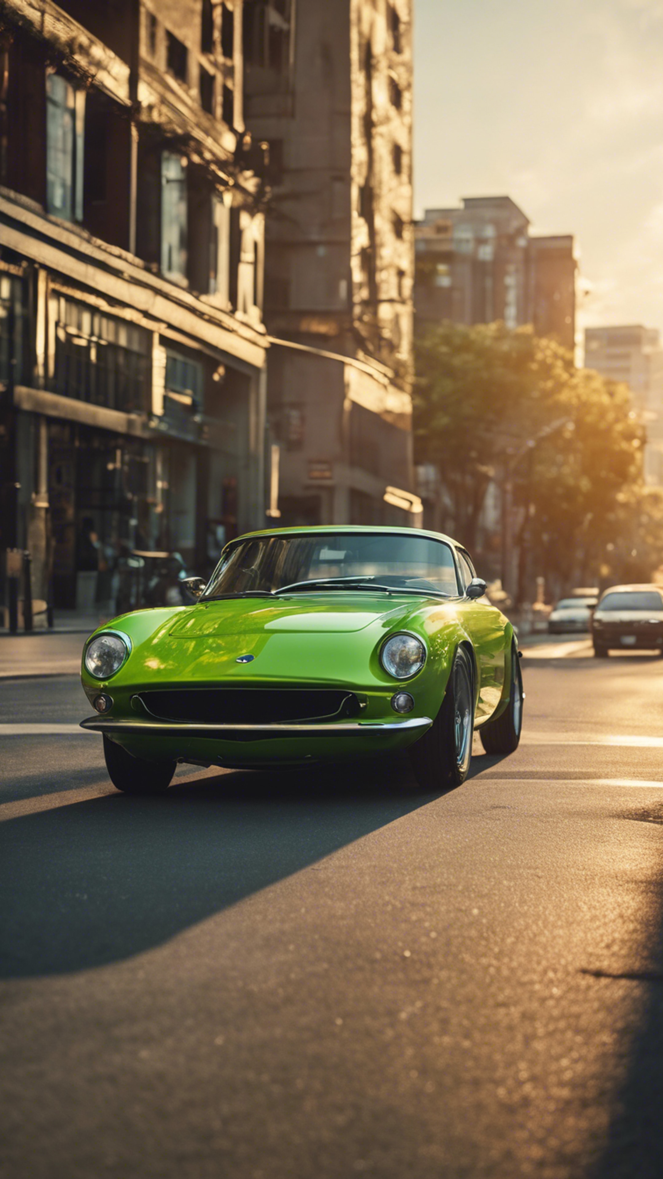 A lime green sports car speeding down a city street at sunset. Tapeta[650ecab6c10046e0a1d5]