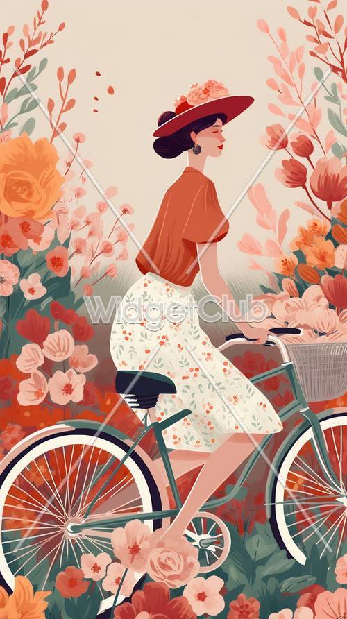 Passeio de bicicleta floral: uma mulher entre flores