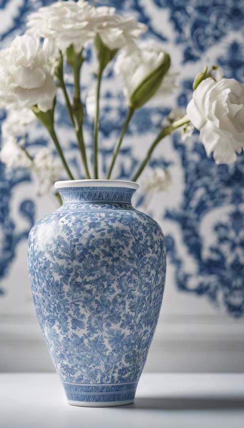 Um vaso branco contra um papel de parede adamascado azul e branco.
