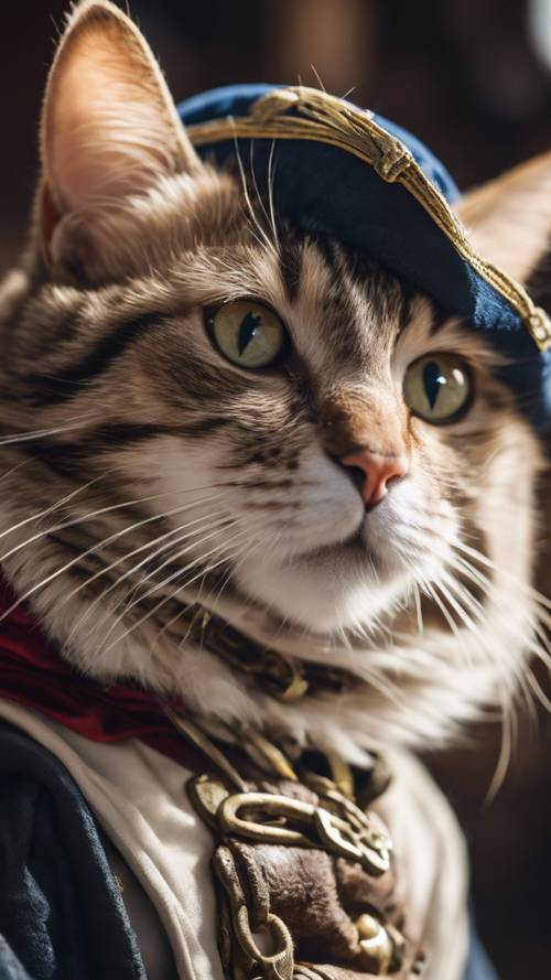 Um gato vestido de pirata, com um tapa-olho e um pequeno gancho no lugar da pata.