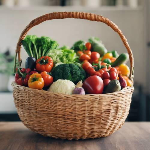 A close-up of a woven wicker French country basket filled to the brim with fresh, colorful vegetables.