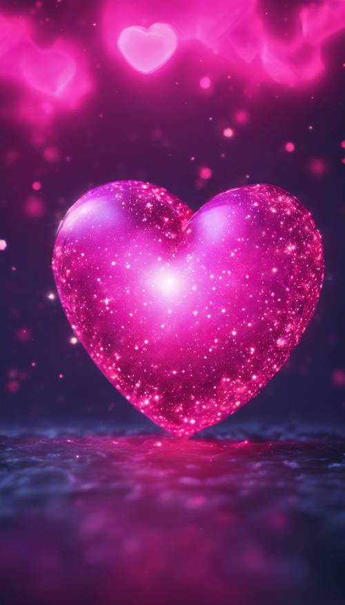 A dazzling neon pink heart floating in a star-filled night sky. Tapet [38a9a9f972ae4e0f9dc7]