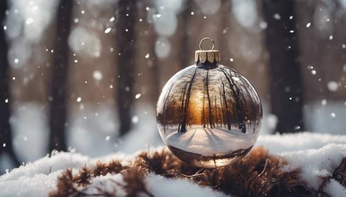 Une boule de Noël unique en verre marron reflétant une forêt hivernale enneigée.