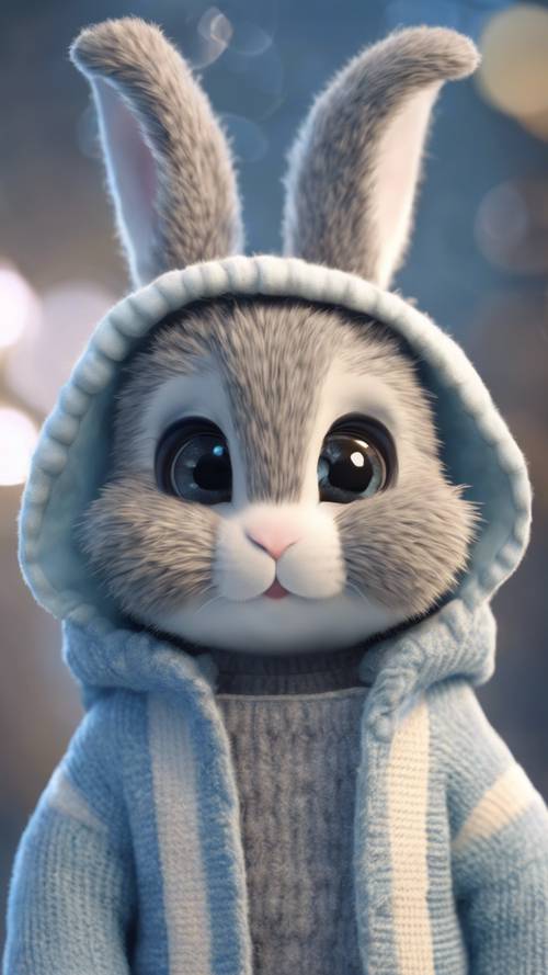 An illustration of a kawaii, gray bunny wearing a striped, soft blue cardigan.