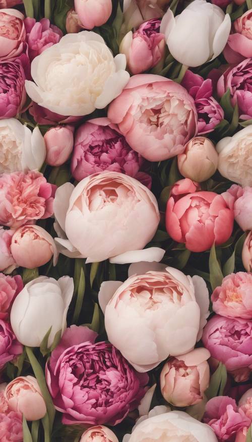 Un magnifique motif floral avec des roses, des tulipes et des pivoines en pleine floraison.