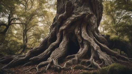 עץ מאסיבי עתיק עם קליפה מעוותת ומסוקסת, עומד באמצע היער.