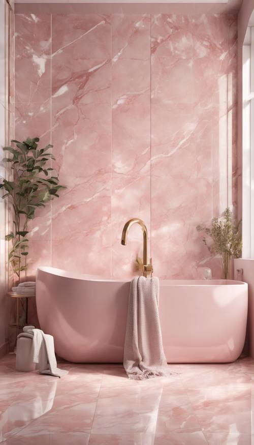 파스텔 핑크색 대리석 타일이 고급스러운 욕실과 조화를 이루고 있습니다.