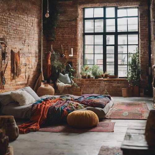 Ein künstlerisches Boho-Loft mit unverputzten Ziegelwänden und farbenfrohen Textilien Hintergrund [2c52afb4b57e4a8a9336]