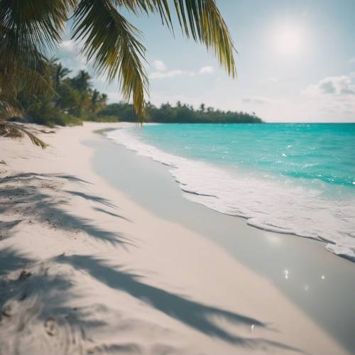 A secluded beach with turquoise waters, white sand, and palm trees swaying in the breeze.