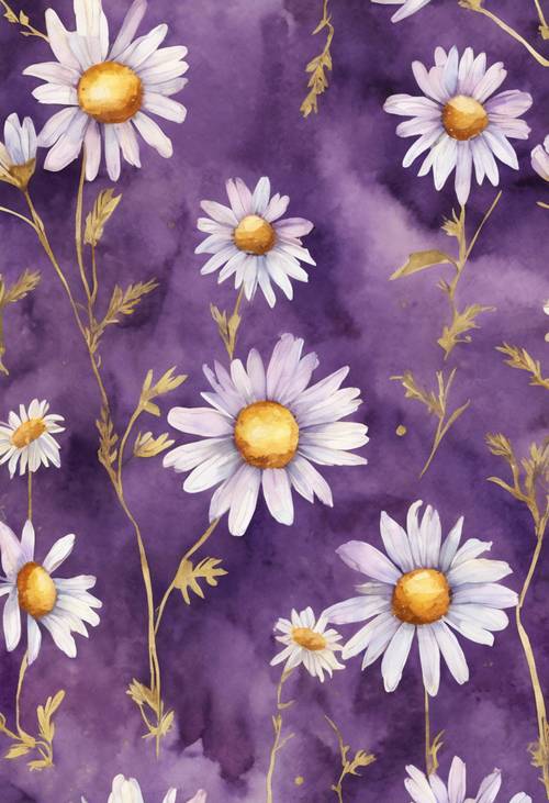 A soft watercolor depiction of a daisy garden, set on an elegant purple and gold preppy chevron background.