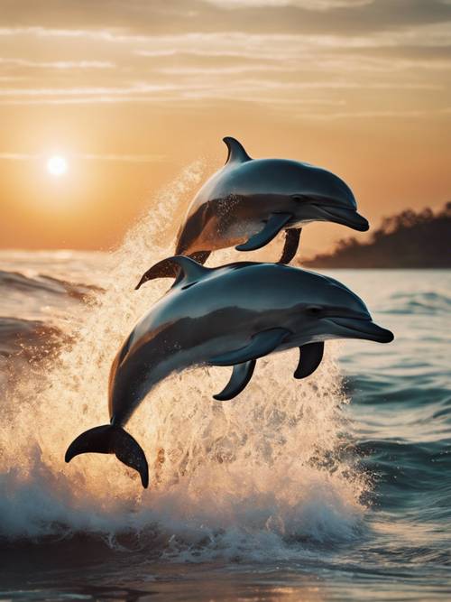Um grupo brincalhão de golfinhos saltando sobre as ondas cintilantes do oceano ao pôr do sol.