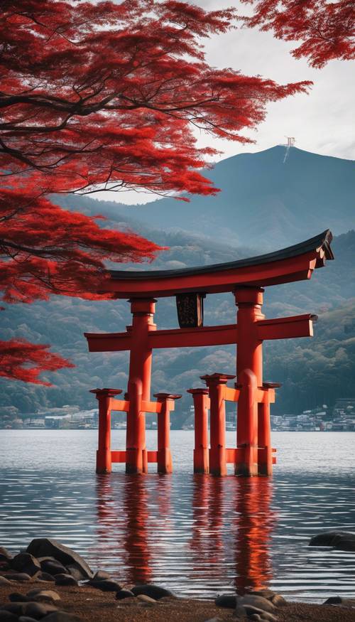 Malowniczy krajobraz czerwonej bramy Torii na brzegu jeziora Ashi, z widoczną górą Fuji w tle.