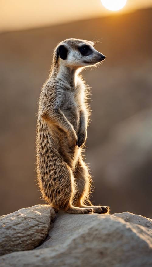 A close-up shot of a meerkat on alert, standing on a rock with the sun setting behind it.