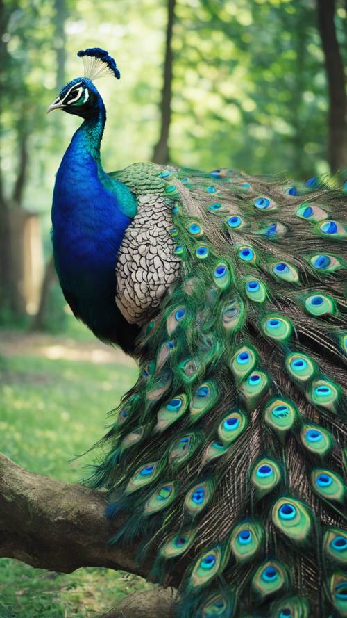 Seekor burung merak memamerkan perpaduan indah antara bulu hijau cerah dan biru sejuk.