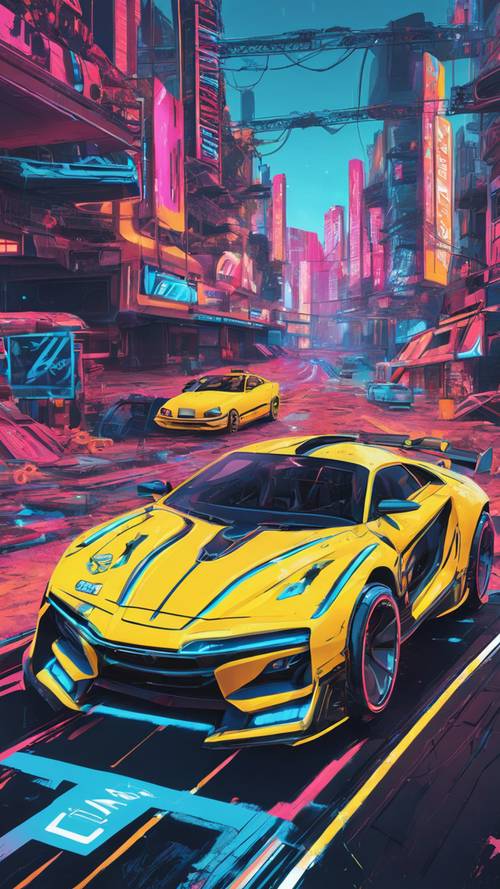Un coche de carreras amarillo en un juego de carreras de realidad virtual con temática azul.