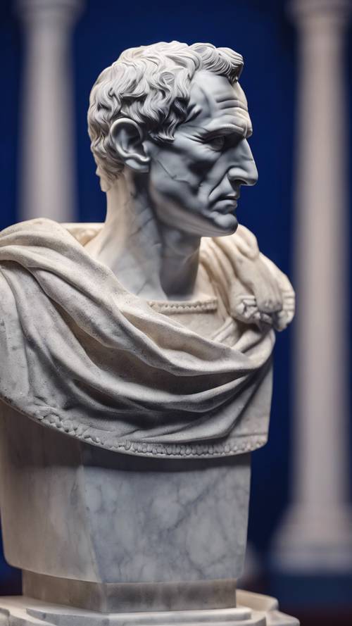 A bust sculpture of Julius Caesar, the Roman ruler, made of marble against a royal blue backdrop