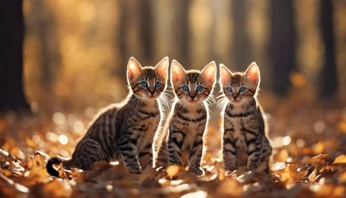 다양한 패턴의 장난기 많은 벵갈 새끼 고양이 세 마리가 햇빛이 비치는 가을 숲을 탐험하고 있습니다.