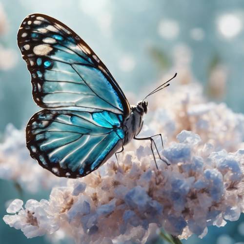 Una delicata farfalla con ali costituite da sottili fette di geode azzurro, appoggiata su un fiore che sboccia.