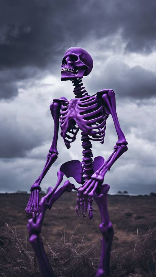 Ein lila Skelett posiert dramatisch unter einem stürmischen Himmel.