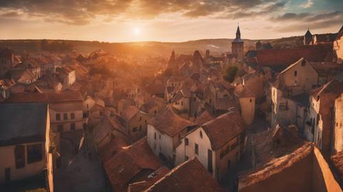 Matahari terbenam yang cerah di atas kota abad pertengahan, menimbulkan bayangan mistis yang panjang.